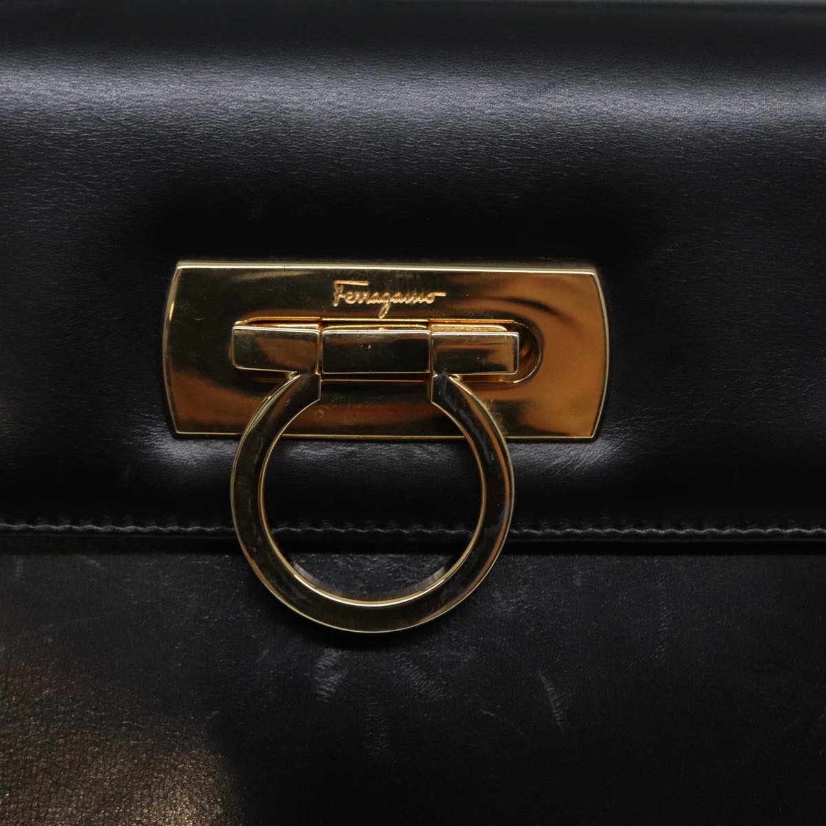 Salvatore Ferragamo Gancini Hand Bag Leather 2way Black Gold Auth yk14315