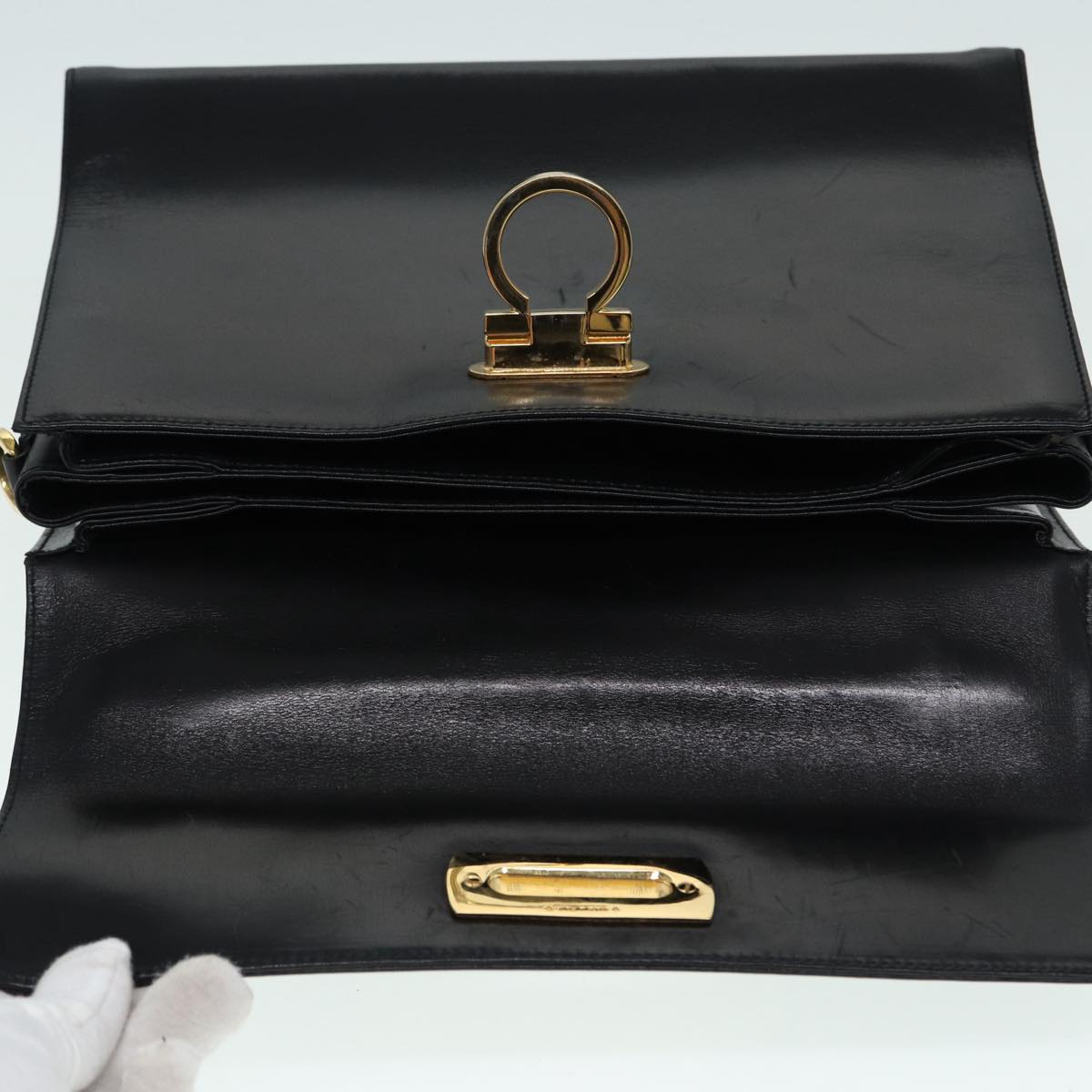 Salvatore Ferragamo Gancini Hand Bag Leather 2way Black Gold Auth yk14315