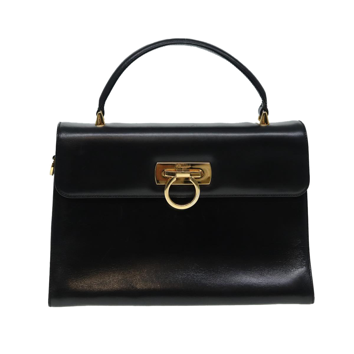 Salvatore Ferragamo Gancini Hand Bag Leather 2way Black Gold Auth yk14315