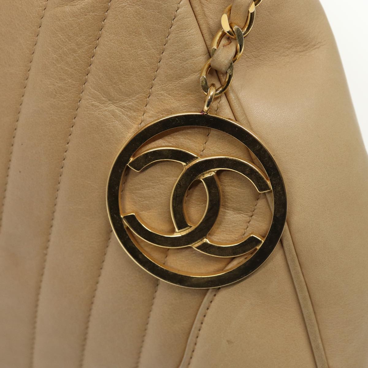 CHANEL V Stitch Hand Bag Leather 2way Beige Gold CC Auth yk14320