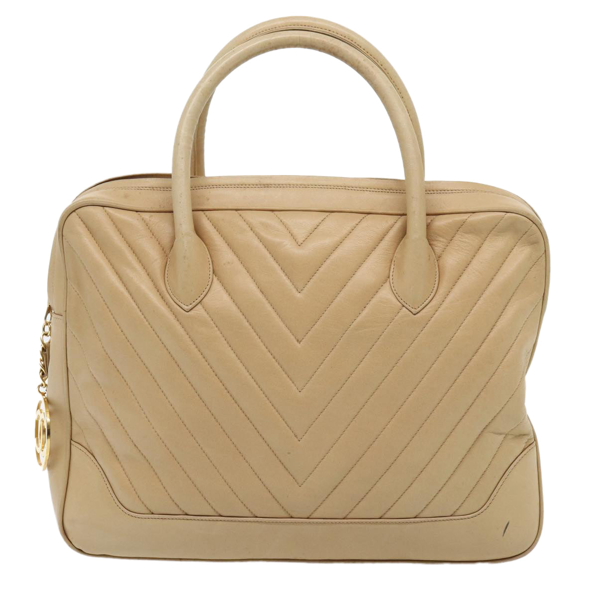 CHANEL V Stitch Hand Bag Leather 2way Beige Gold CC Auth yk14320