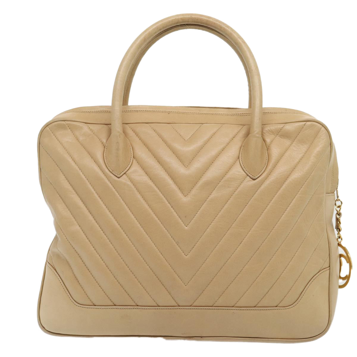 CHANEL V Stitch Hand Bag Leather 2way Beige Gold CC Auth yk14320