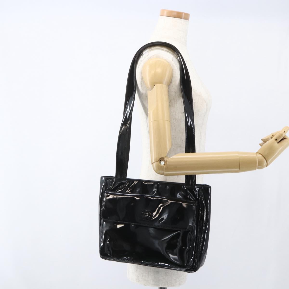 CHANEL COCO Mark Shoulder Bag Patent leather Black Silver CC Auth yk14331