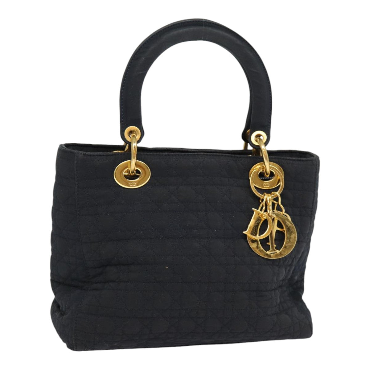 Christian Dior Lady Dior Canage Hand Bag Nylon Black Gold Auth yk14341