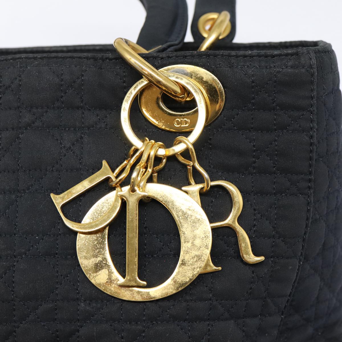 Christian Dior Lady Dior Canage Hand Bag Nylon Black Gold Auth yk14341