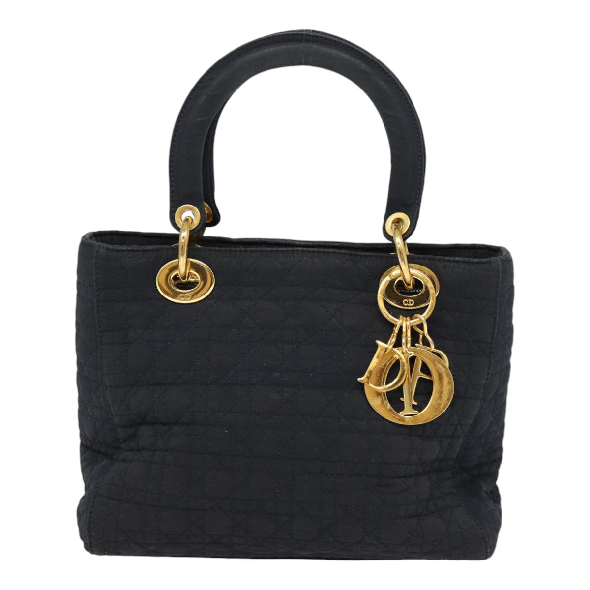 Christian Dior Lady Dior Canage Hand Bag Nylon Black Gold Auth yk14341