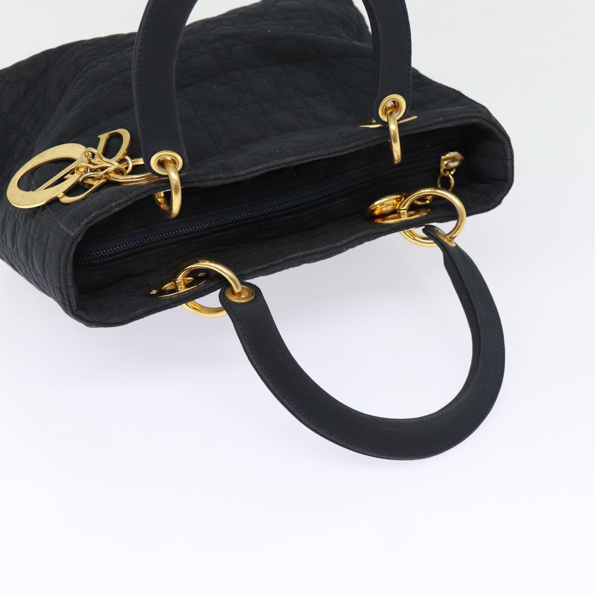 Christian Dior Lady Dior Canage Hand Bag Nylon Black Gold Auth yk14341