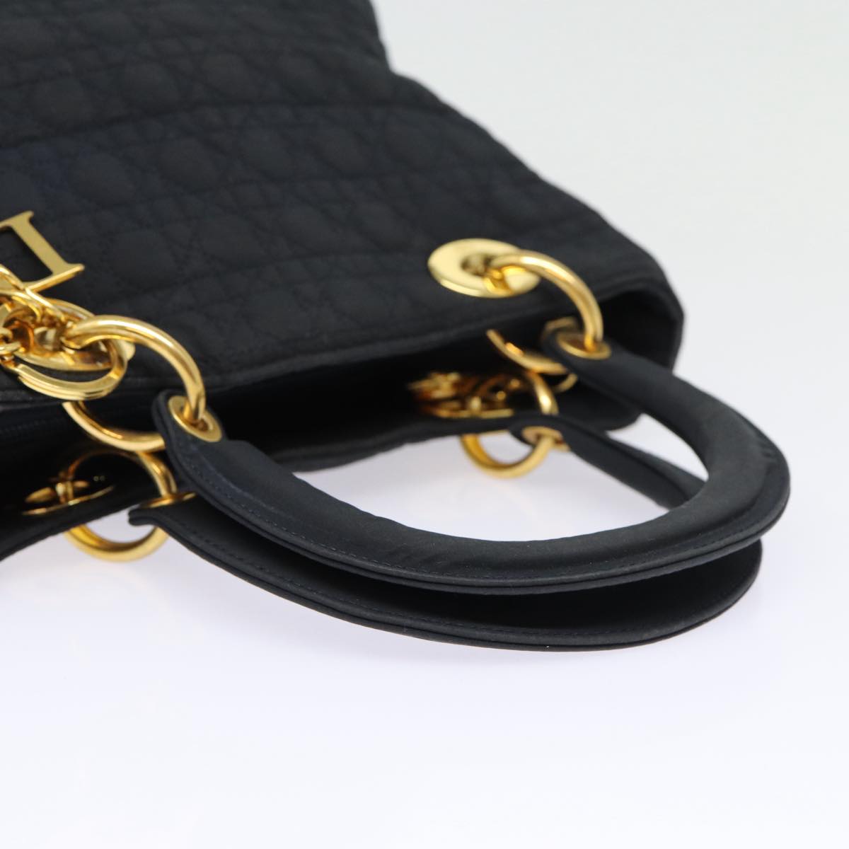 Christian Dior Lady Dior Canage Hand Bag Nylon Black Gold Auth yk14341