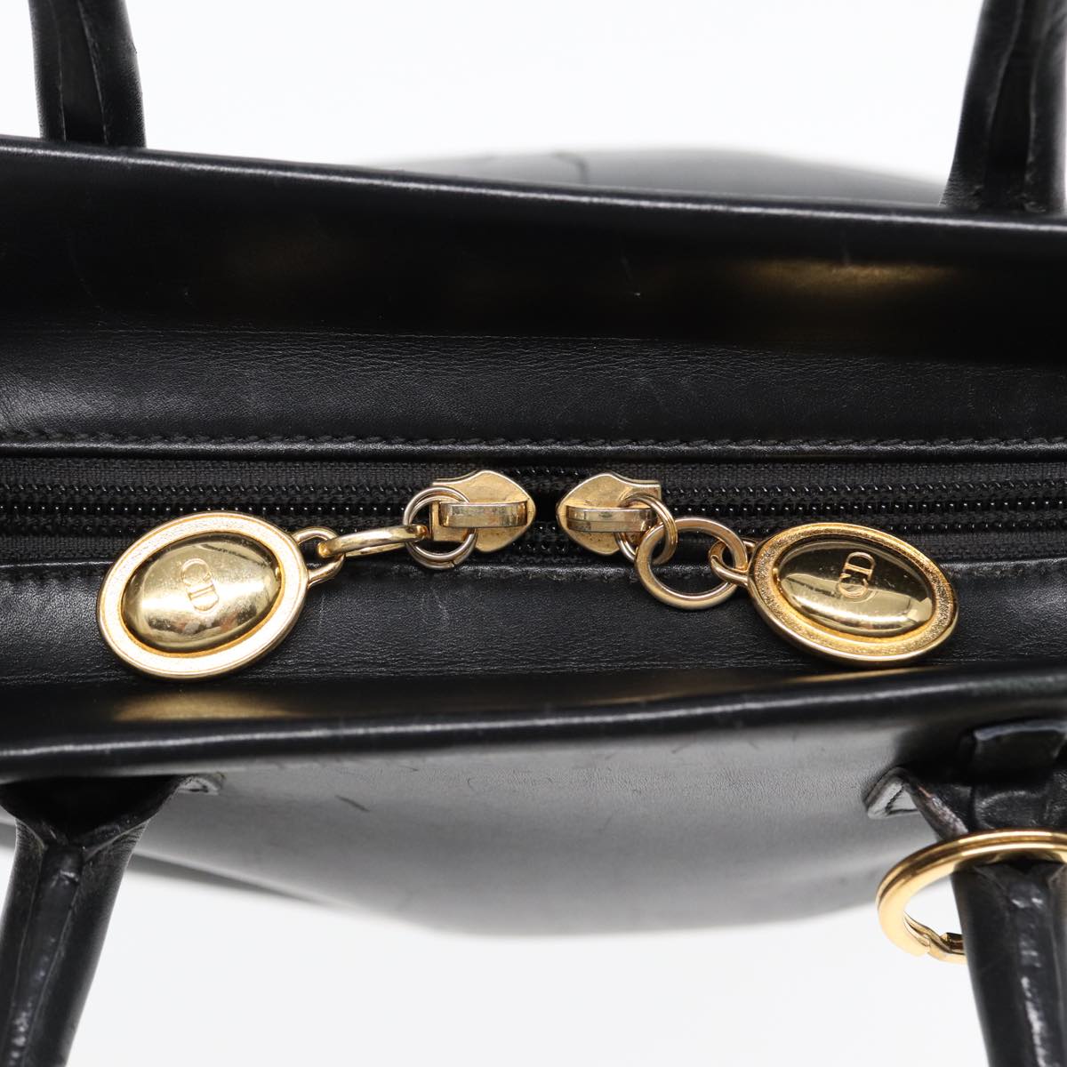 Christian Dior Hand Bag Leather Black Gold Auth yk14415