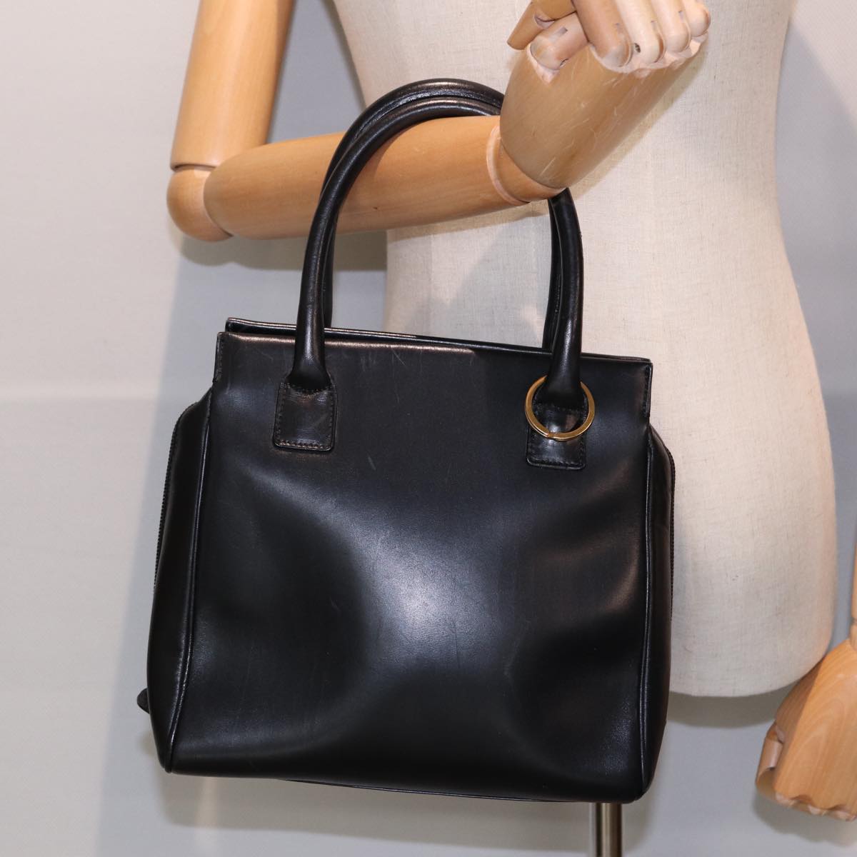 Christian Dior Hand Bag Leather Black Gold Auth yk14415