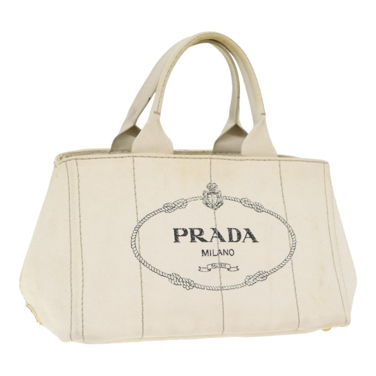 PRADA Canapa MM Hand Bag Canvas Beige Gold Auth yk14457