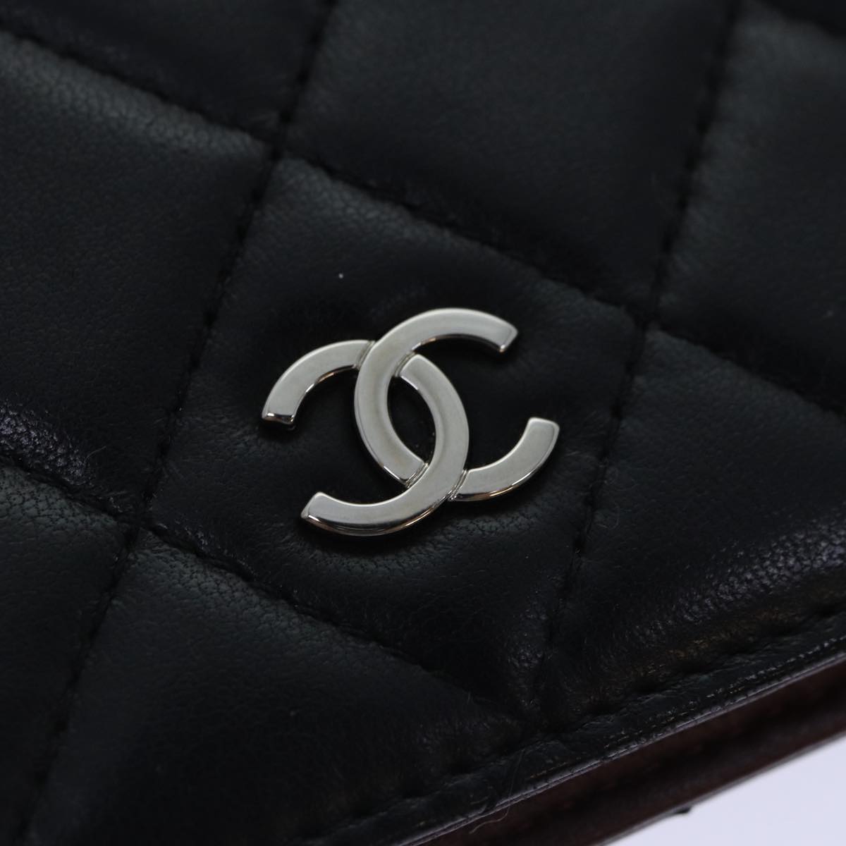 CHANEL Matelasse Long Wallet Lamb Skin Black Silver CC Auth yk14488