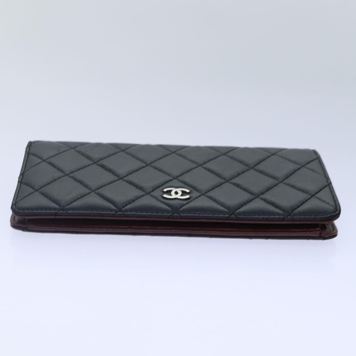 CHANEL Matelasse Long Wallet Lamb Skin Black Silver CC Auth yk14488