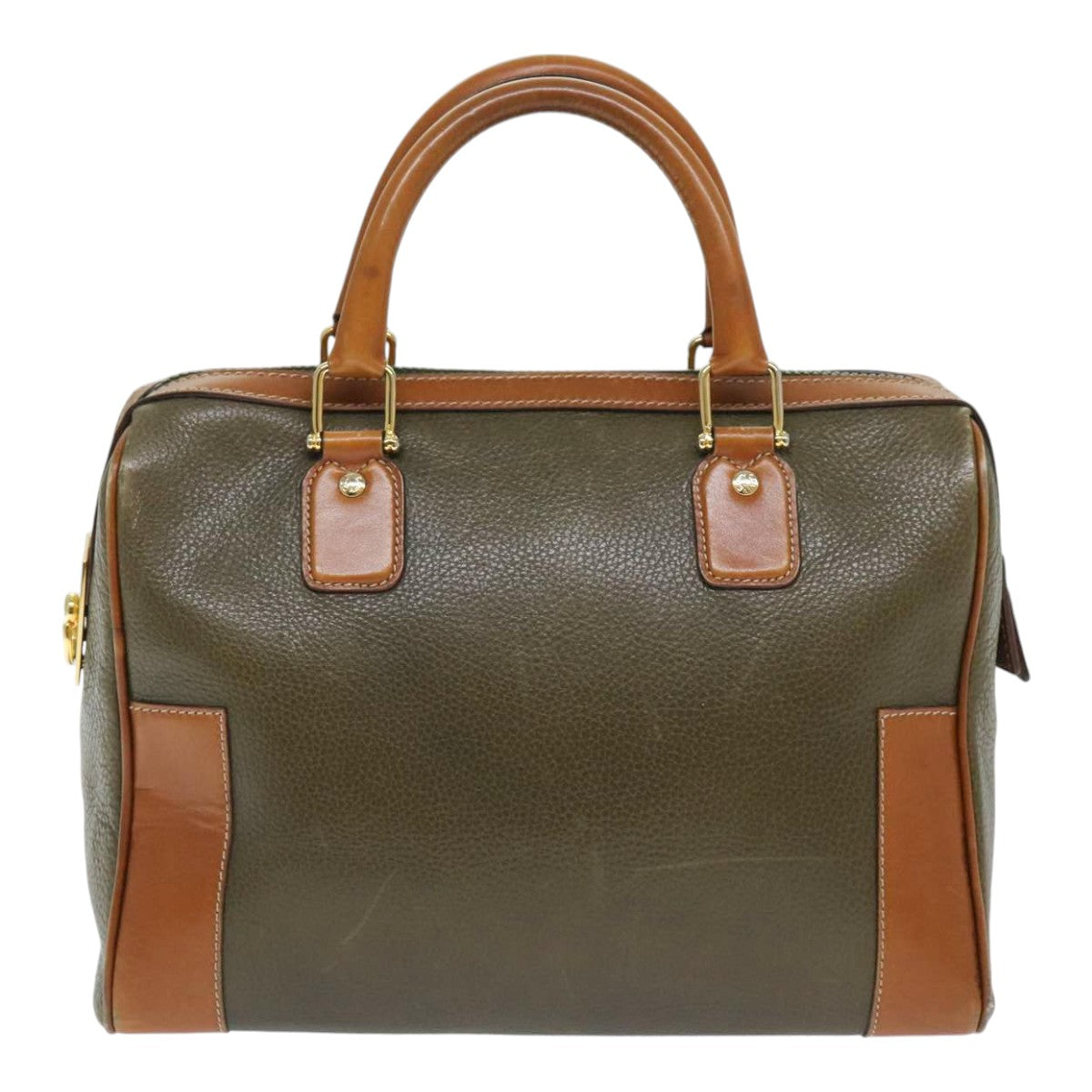 CELINE Boston Bag Leather Khaki Gold Auth yk14493