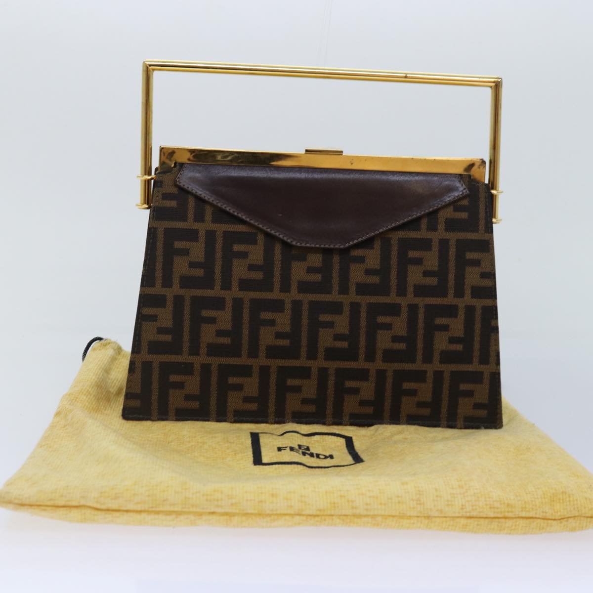 FENDI Zucca Canvas Hand Bag Gold Black Brown Auth yk14520A