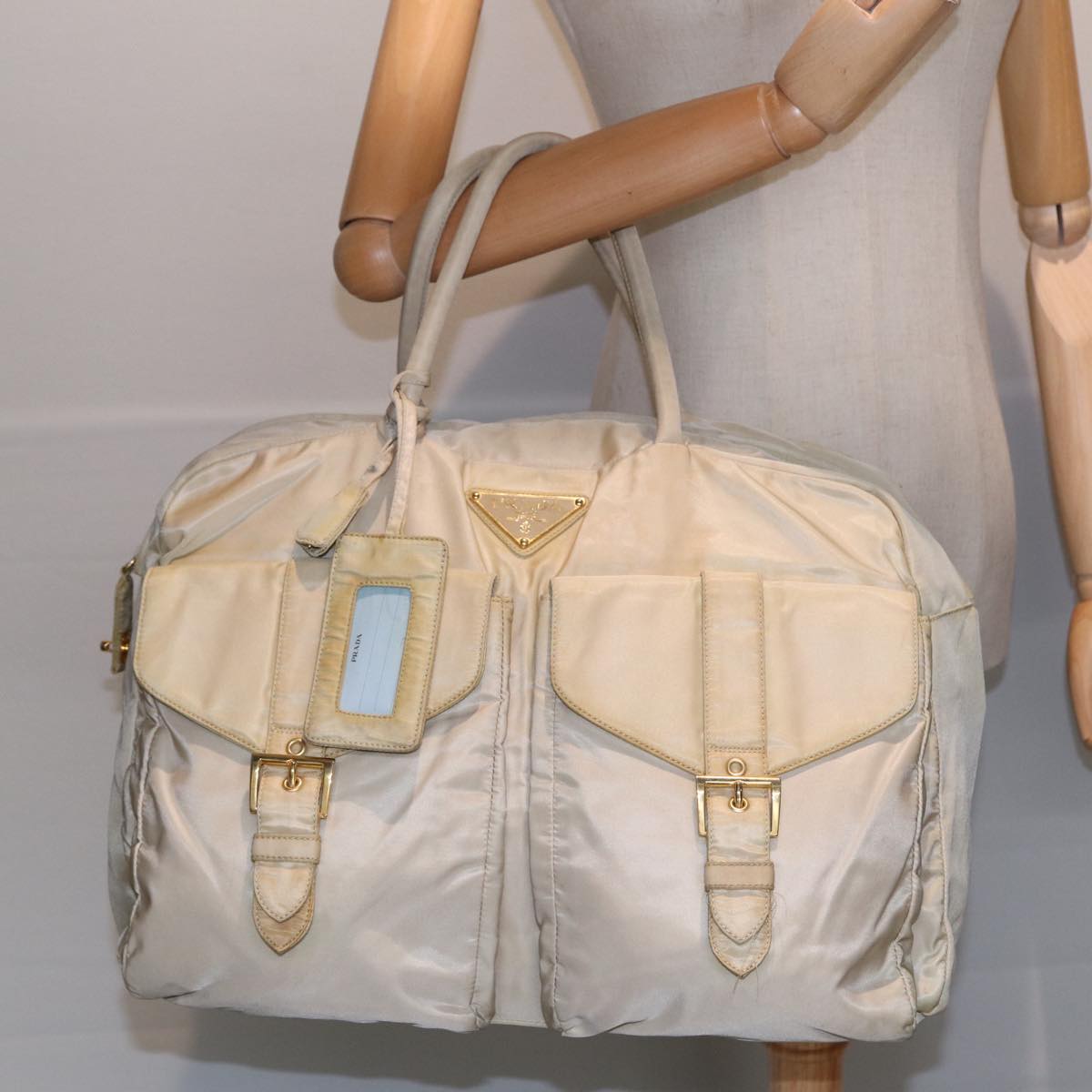 PRADA Hand Bag Nylon Beige Gold Auth yk14530