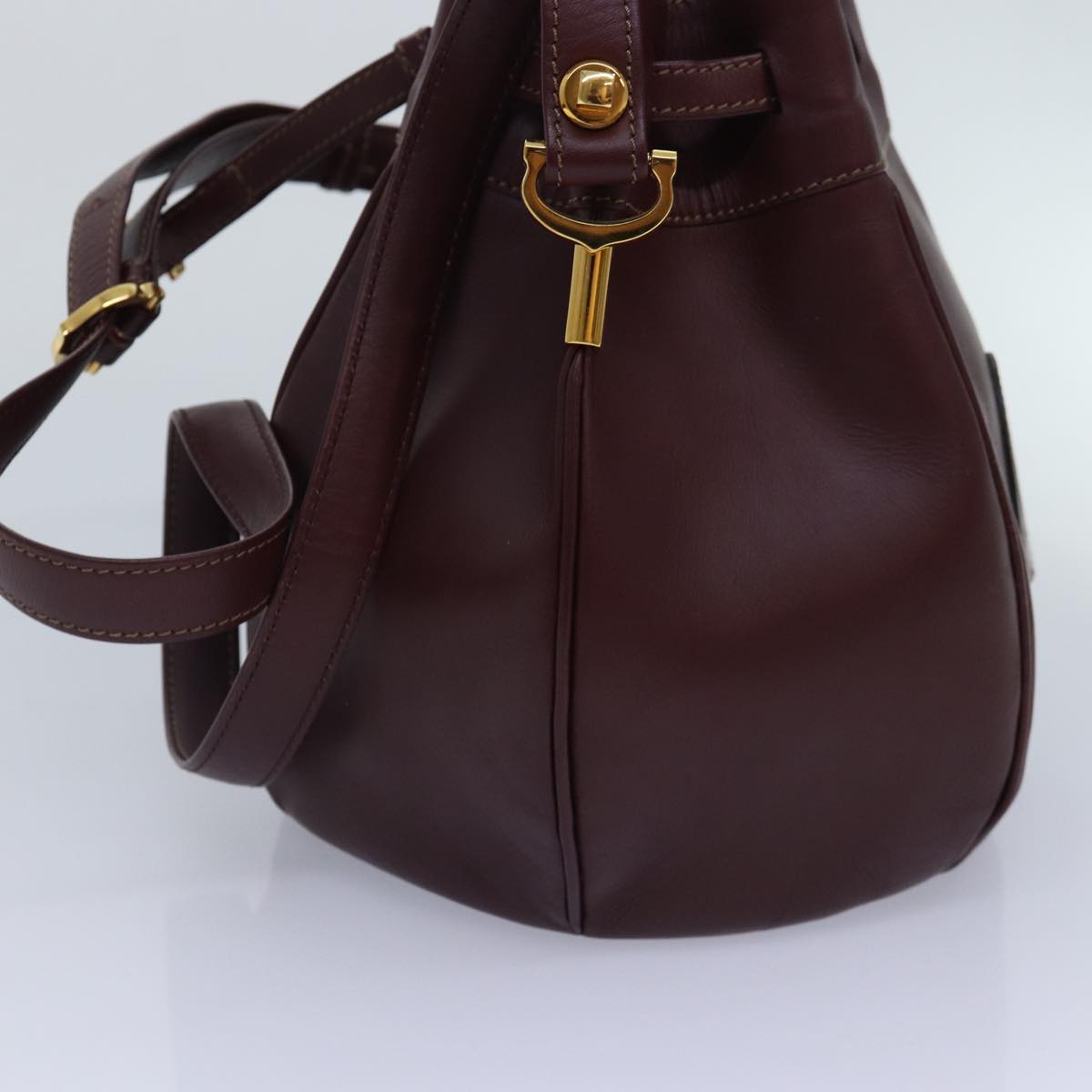 CARTIER Shoulder Bag Leather Bordeaux Gold Auth yk14574