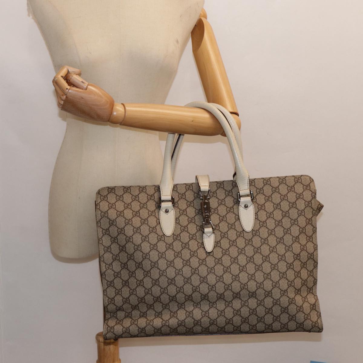 GUCCI GG Supreme Jackie Hand Bag PVC Leather Beige Silver 152610 Auth yk14575