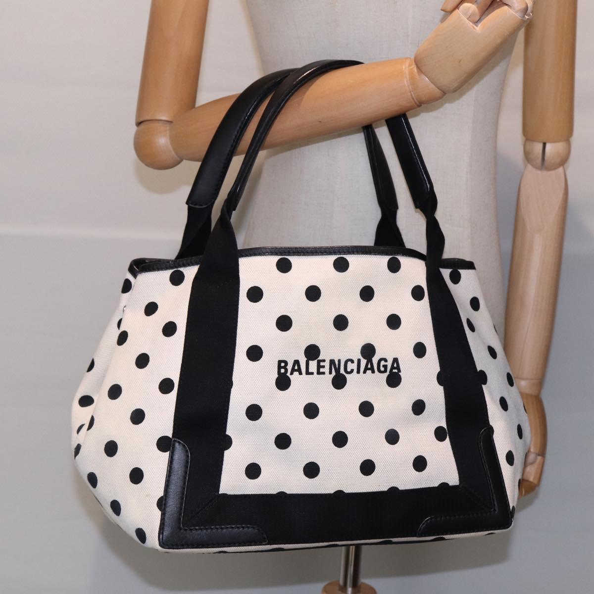 BALENCIAGA Navy Cabas S Hand Bag Canvas Leather White Black 339933 Auth yk14648