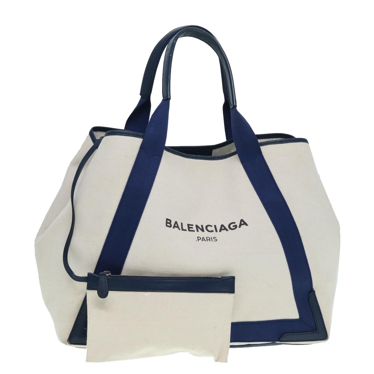 BALENCIAGA Navy Cabas M Hand Bag Canvas Leather White Navy 339936 Auth yk14649