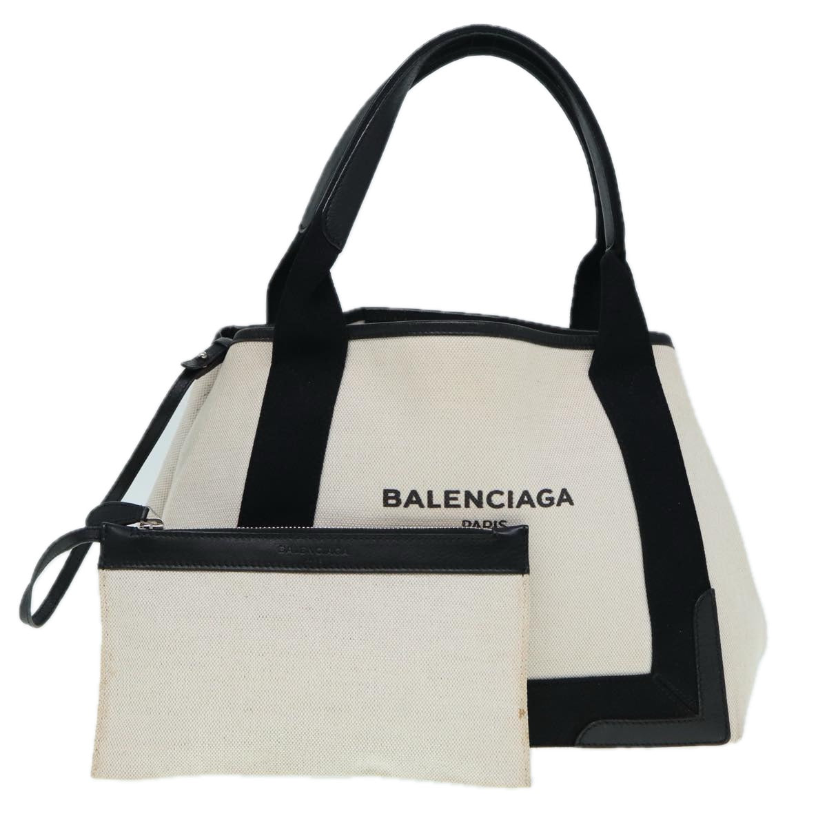 BALENCIAGA Navy Cabas S Hand Bag Canvas Leather White Black 339933 Auth yk14654