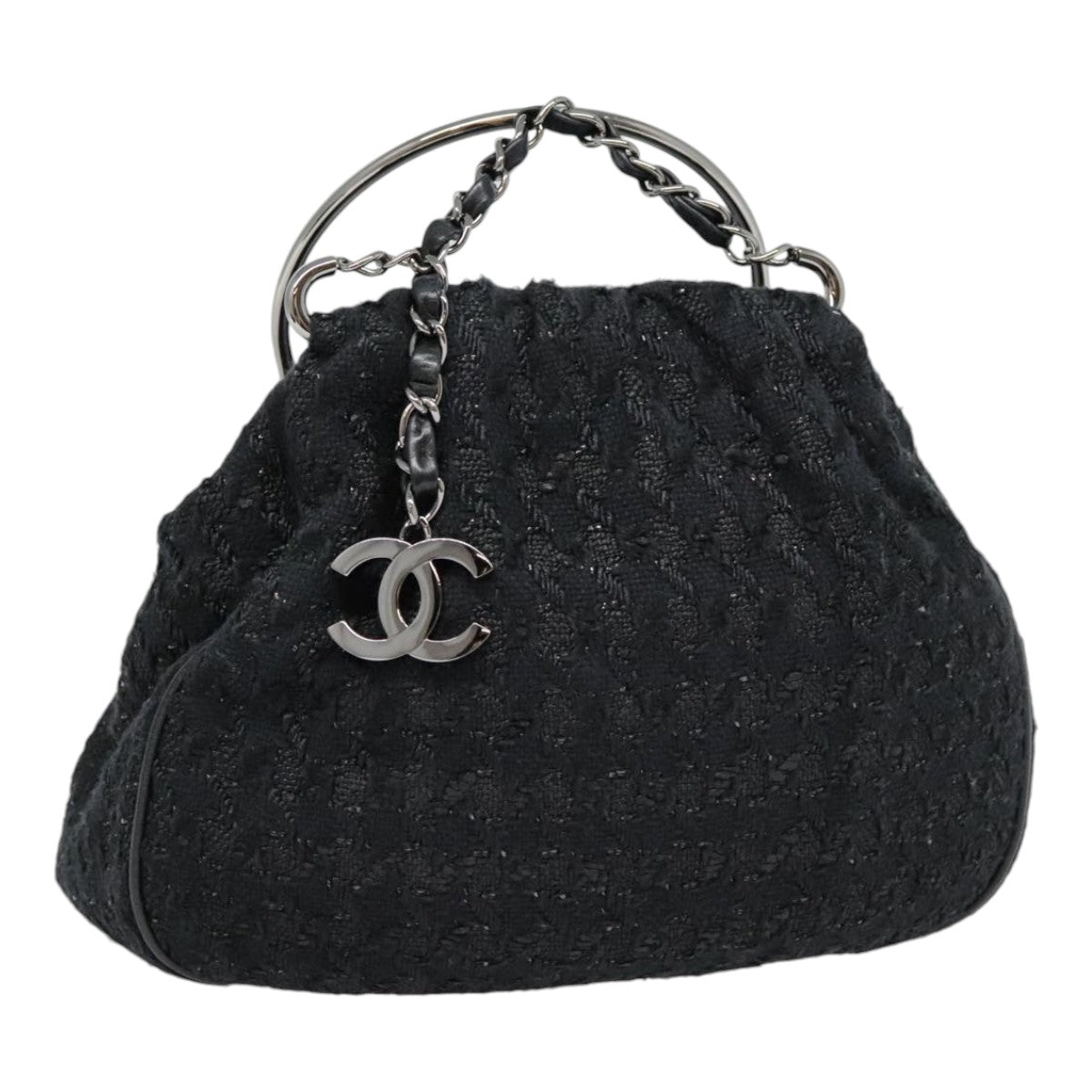 CHANEL Chain Hand Bag Wool Black Silver CC Auth yk14656