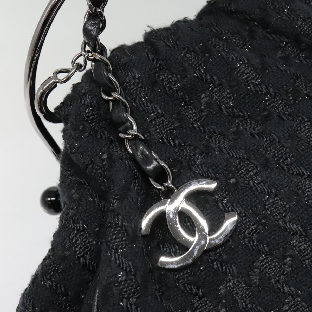 CHANEL Chain Hand Bag Wool Black Silver CC Auth yk14656