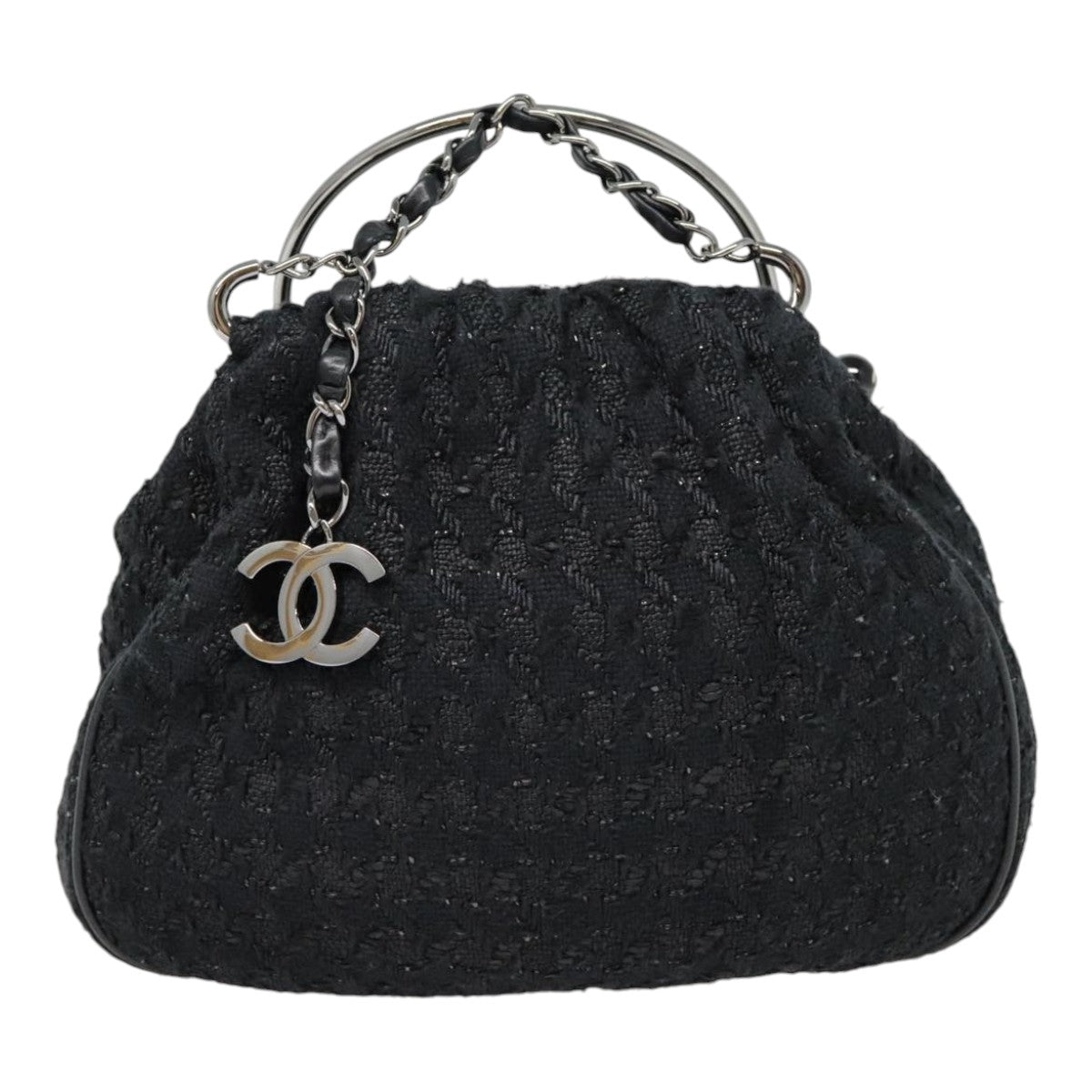 CHANEL Chain Hand Bag Wool Black Silver CC Auth yk14656