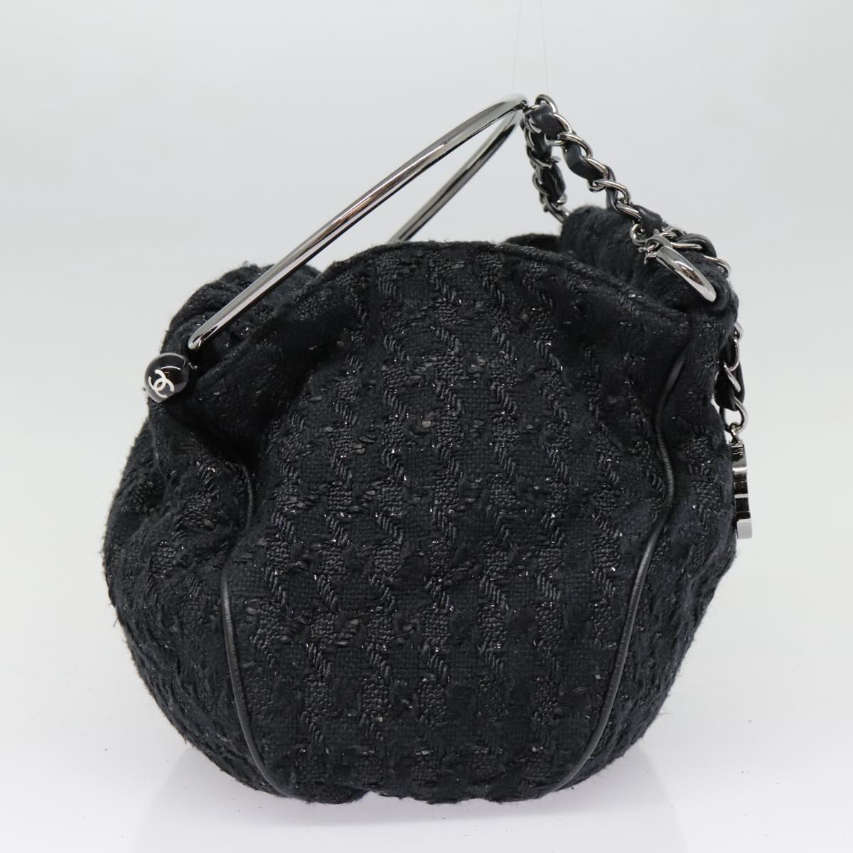 CHANEL Chain Hand Bag Wool Black Silver CC Auth yk14656