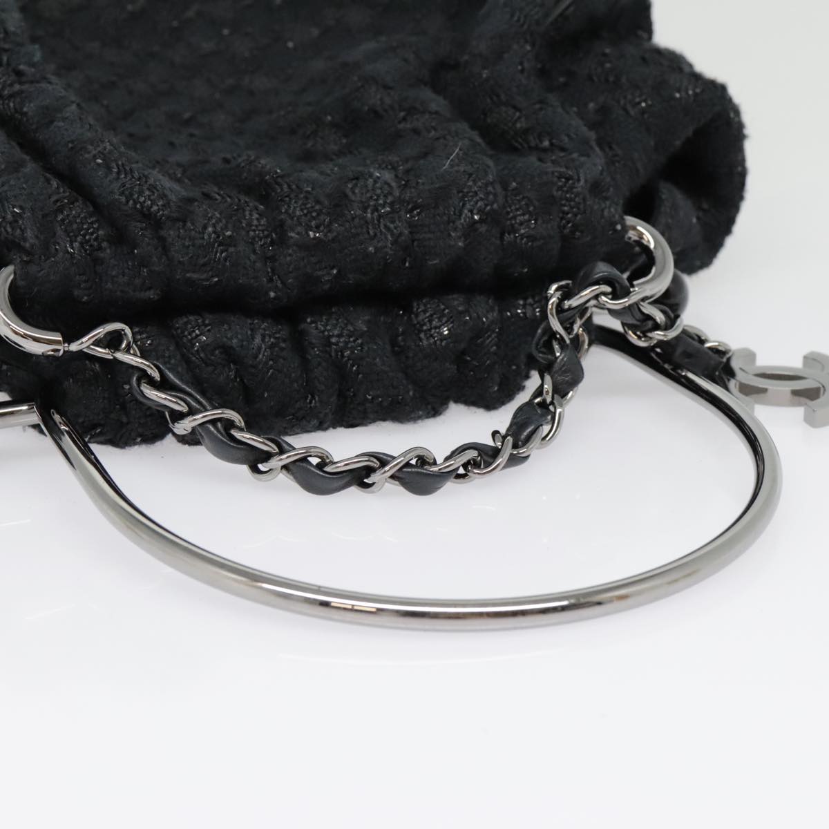 CHANEL Chain Hand Bag Wool Black Silver CC Auth yk14656