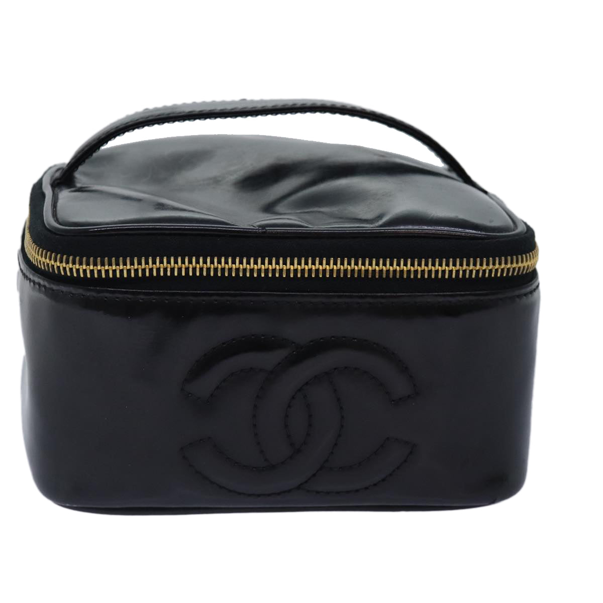 CHANEL COCO Mark Vanity Pouch Patent leather Black Gold CC Auth yk14659