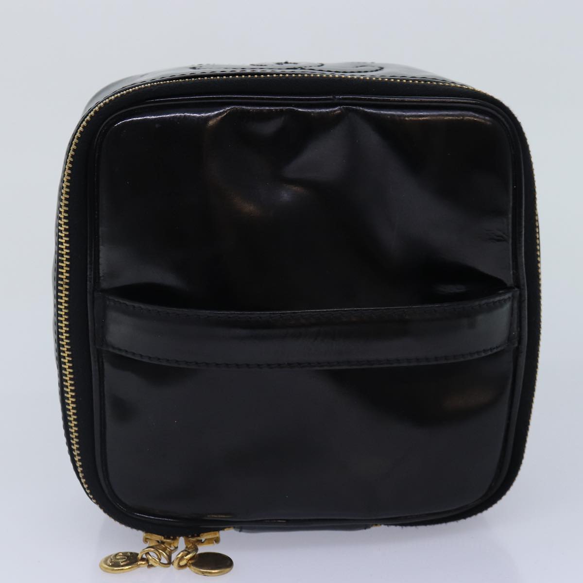 CHANEL COCO Mark Vanity Pouch Patent leather Black Gold CC Auth yk14659