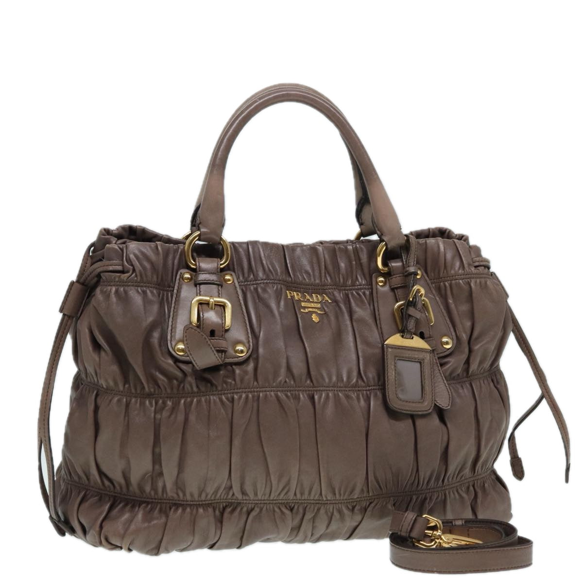 PRADA Gathered Hand Bag Leather 2way Brown Gold Auth yk14663