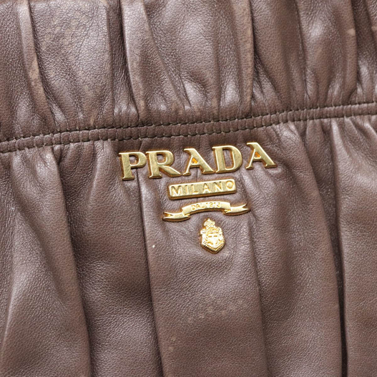 PRADA Gathered Hand Bag Leather 2way Brown Gold Auth yk14663