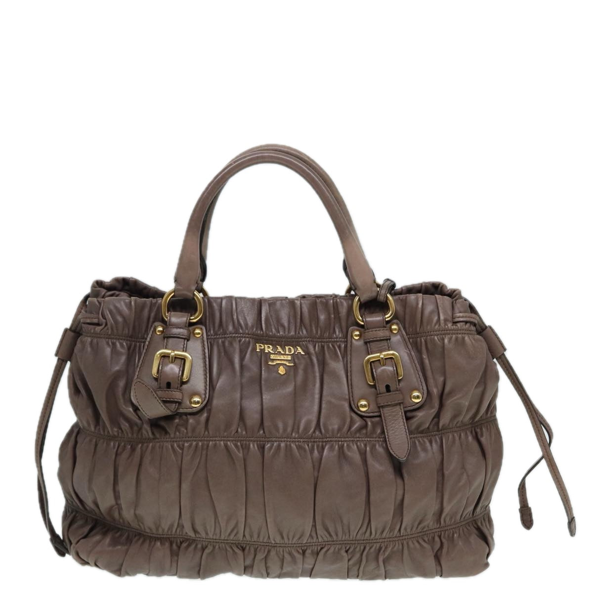 PRADA Gathered Hand Bag Leather 2way Brown Gold Auth yk14663