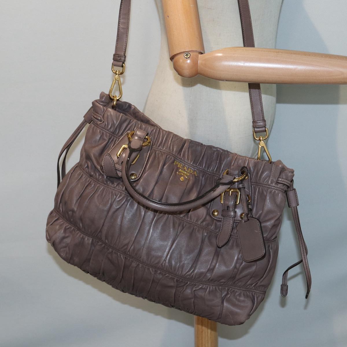 PRADA Gathered Hand Bag Leather 2way Brown Gold Auth yk14663