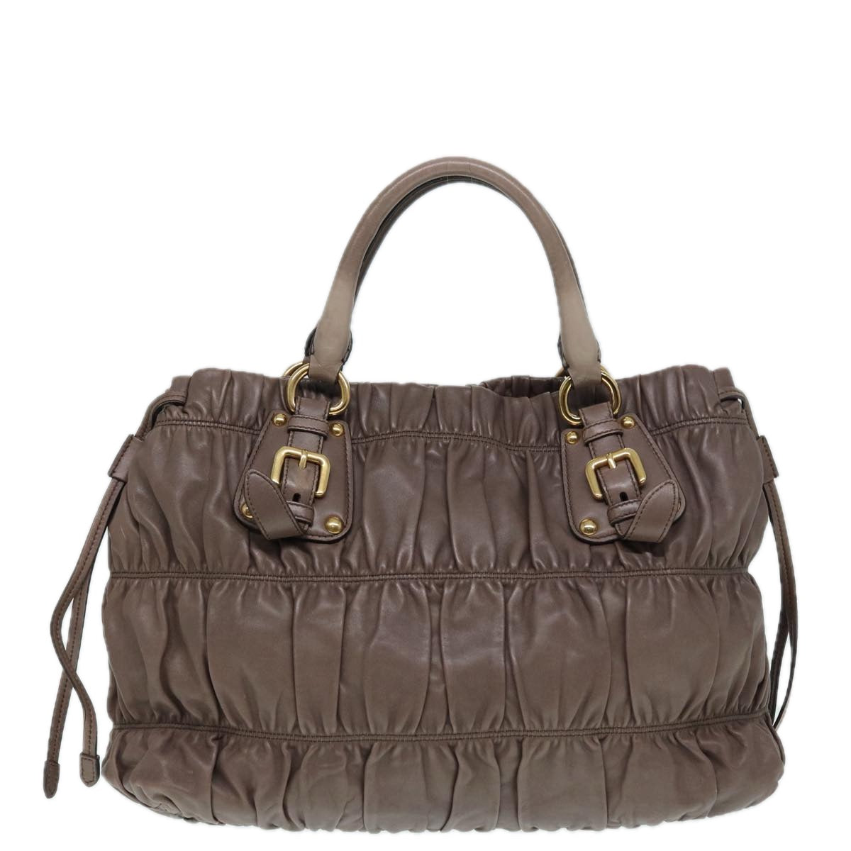 PRADA Gathered Hand Bag Leather 2way Brown Gold Auth yk14663