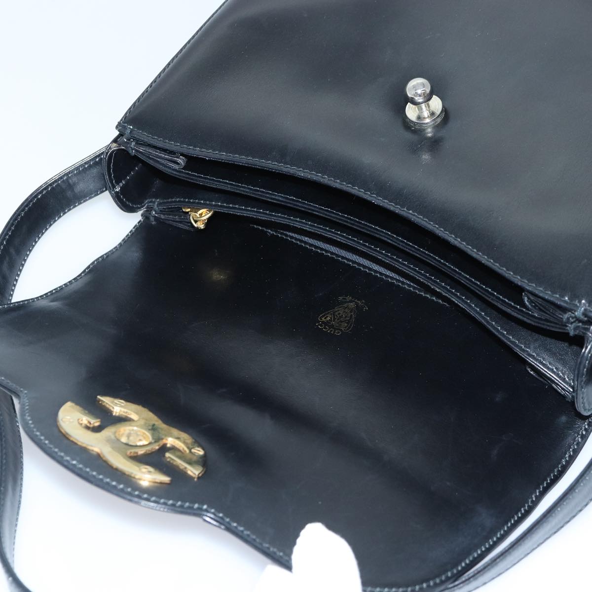 GUCCI Hand Bag Leather Black Gold Auth yk14666