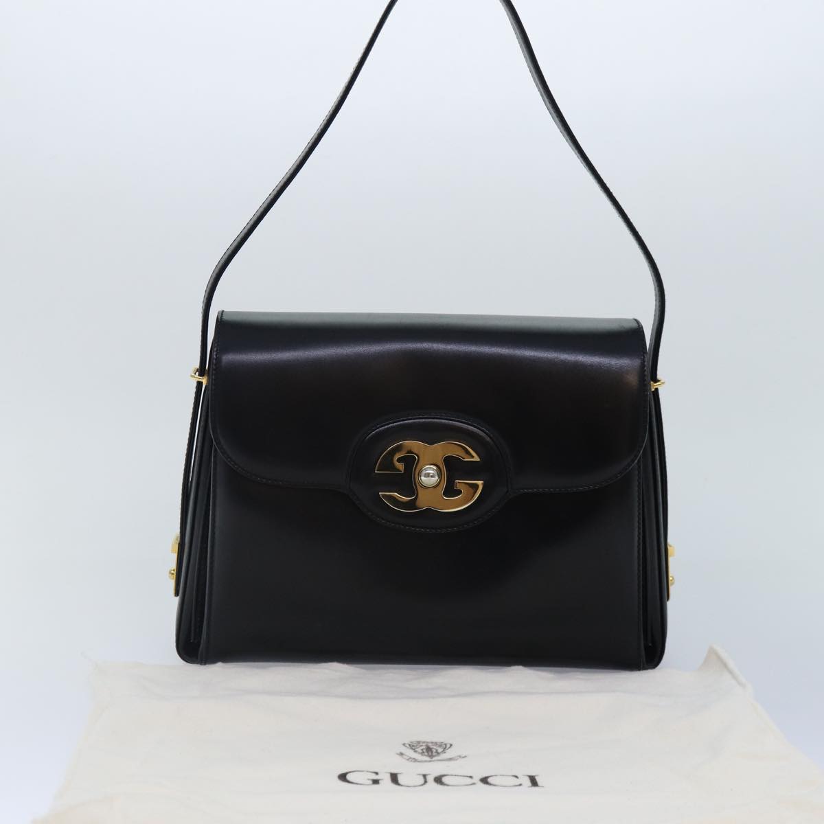 GUCCI Hand Bag Leather Black Gold Auth yk14666