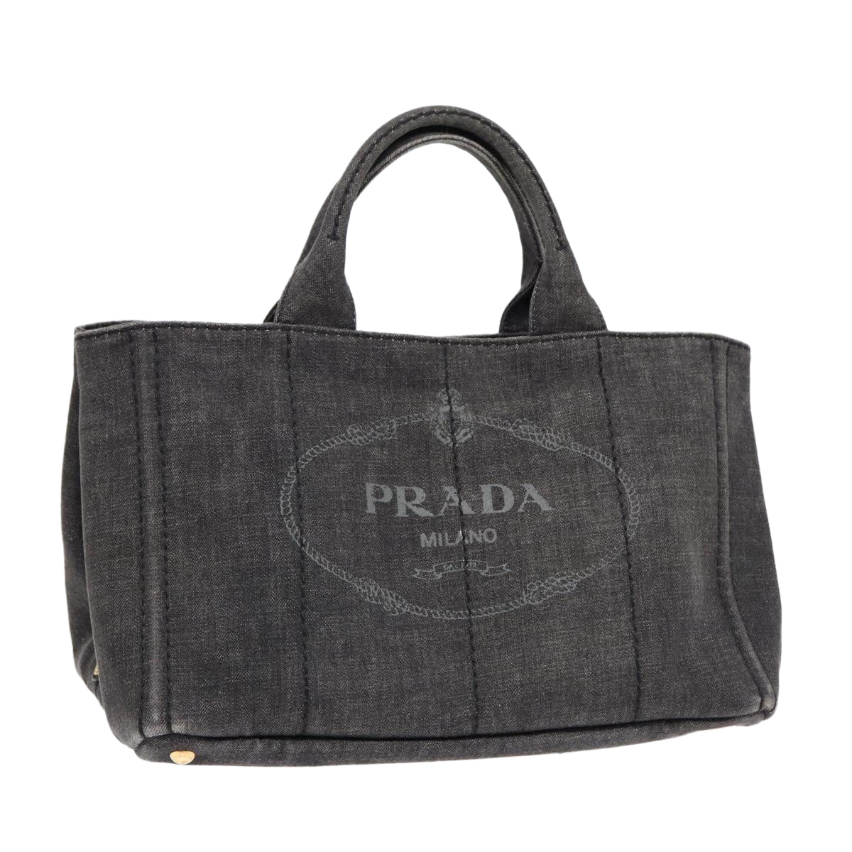 PRADA Canapa MM Hand Bag Denim Gray Gold Auth yk14676