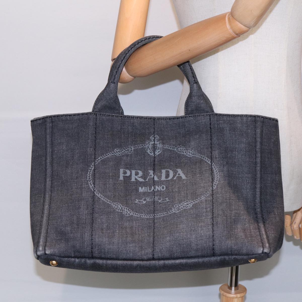 PRADA Canapa MM Hand Bag Denim Gray Gold Auth yk14676