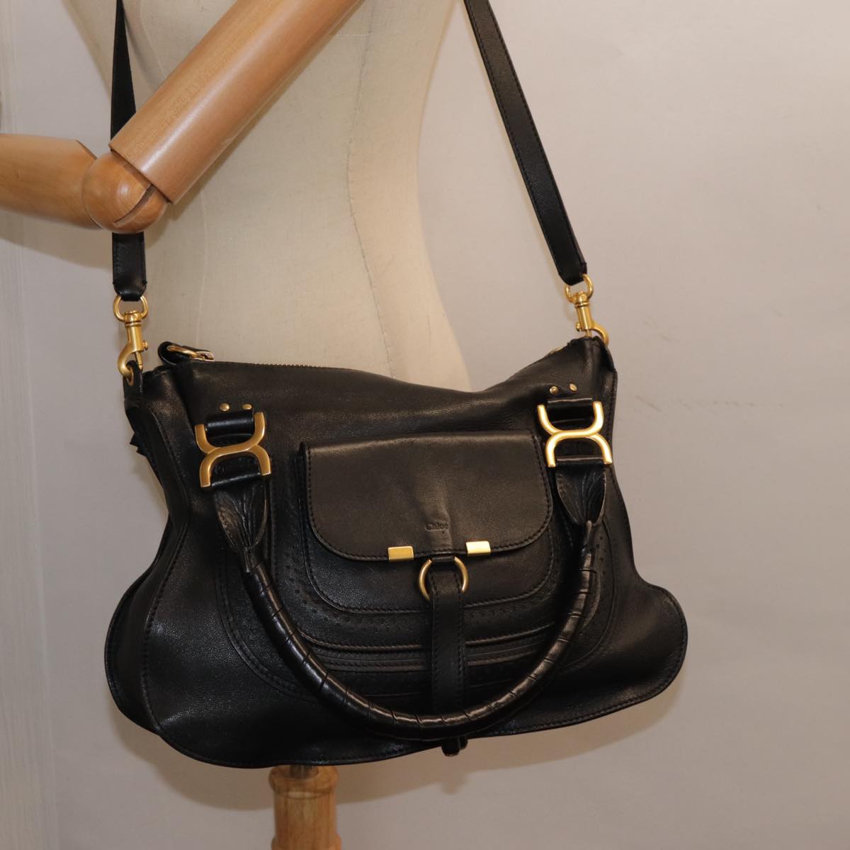 Chloe Mercy Hand Bag Leather 2way Black Gold Auth yk14711