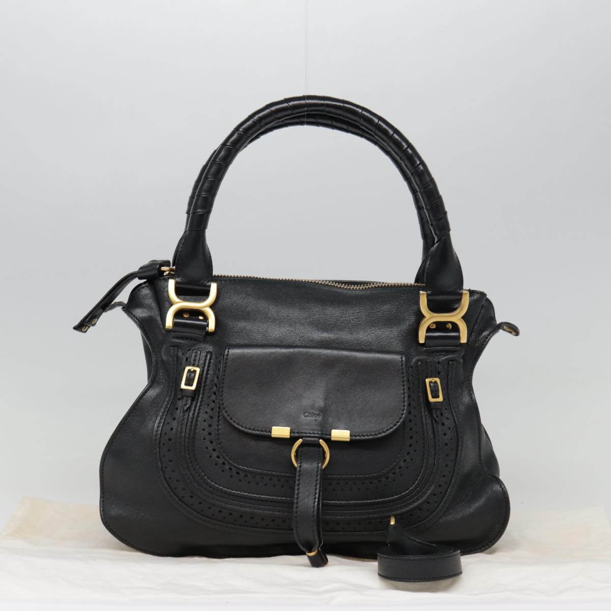 Chloe Mercy Hand Bag Leather 2way Black Gold Auth yk14711