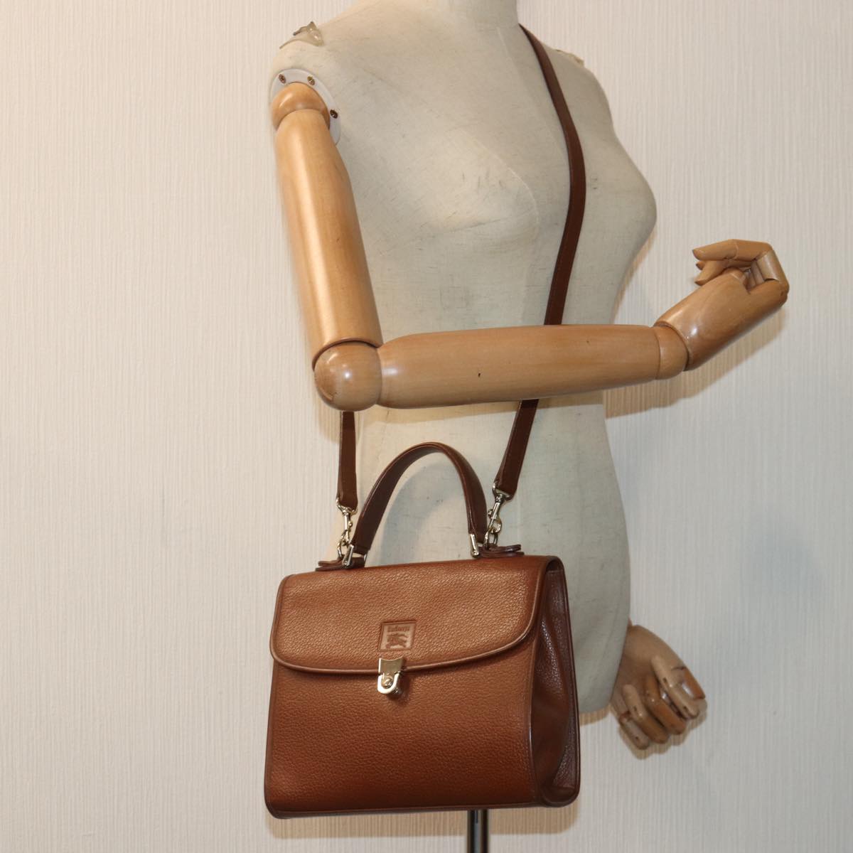 Burberrys Hand Bag Leather 2way Brown Gold Auth yk14733