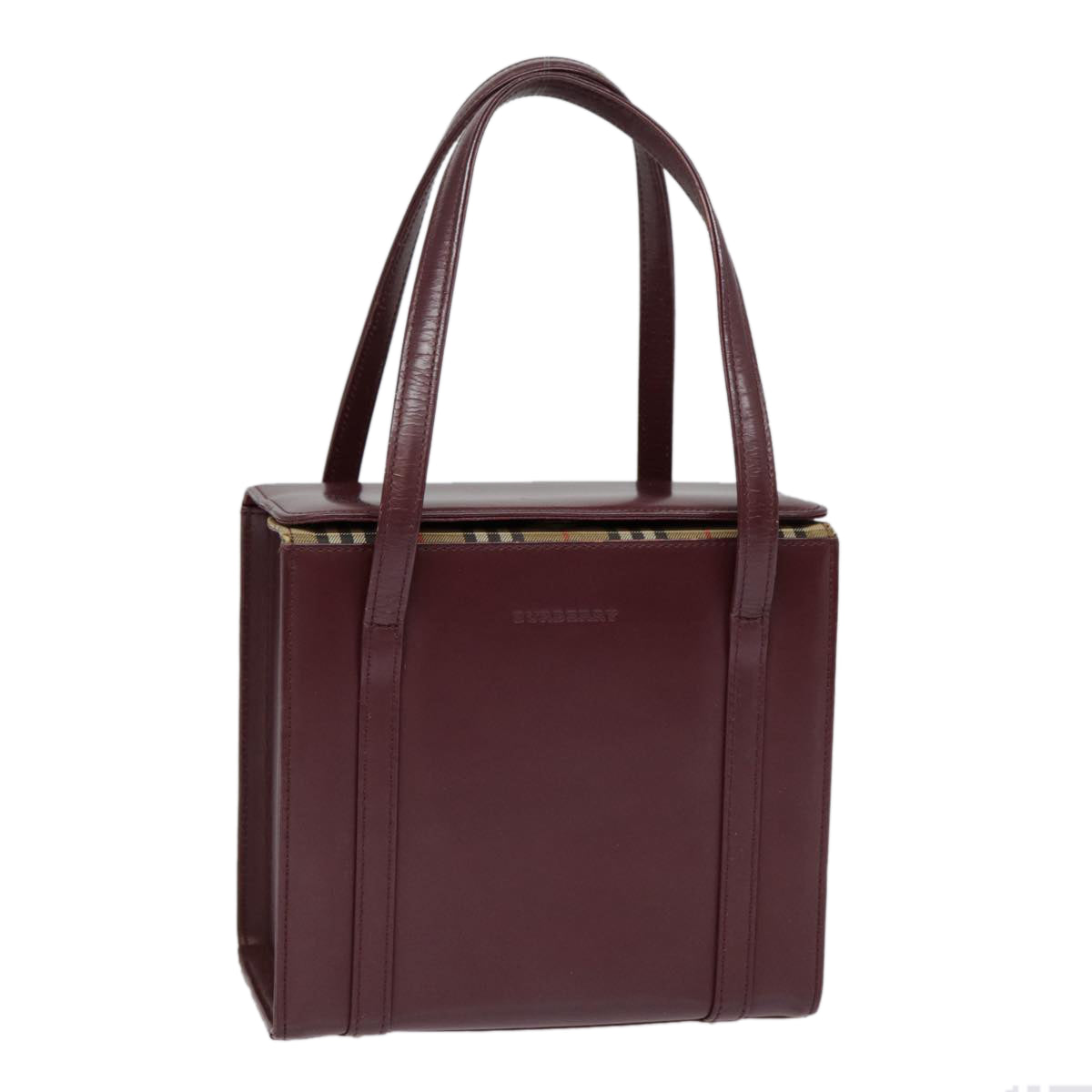 BURBERRY Nova Check Hand Bag Leather Bordeaux Silver Auth yk14769