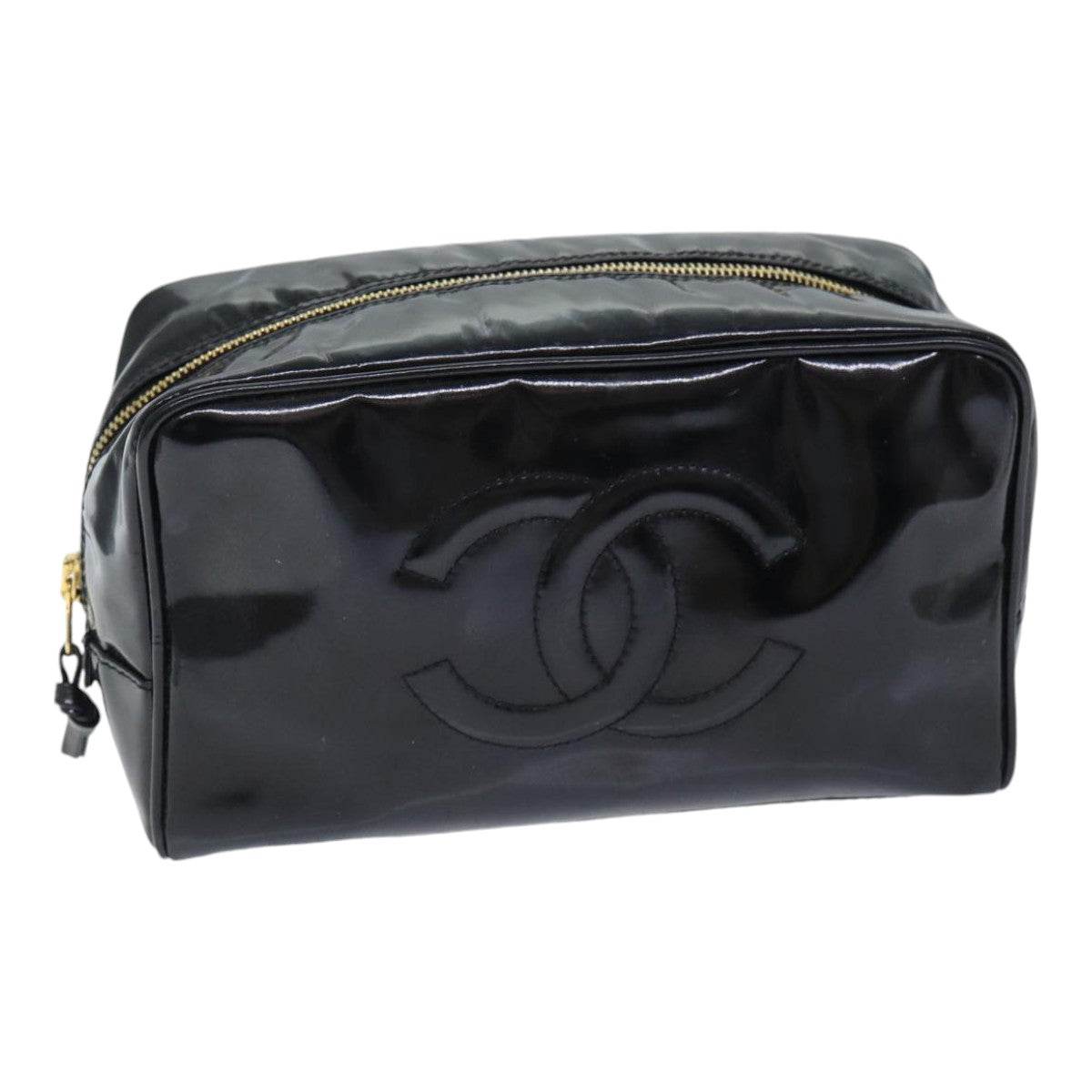 CHANEL COCO Mark Pouch Patent Leather Black Gold CC Auth yk14794