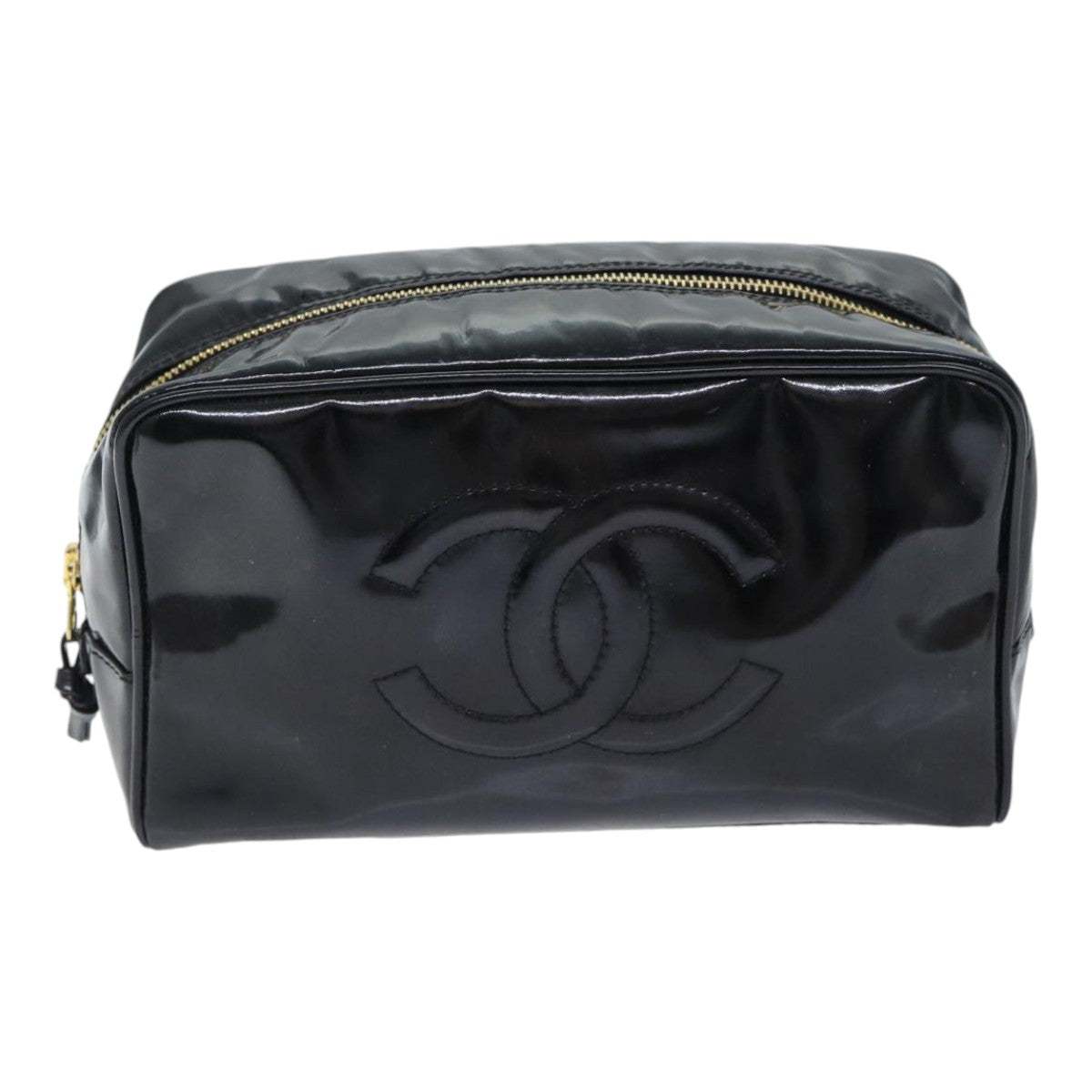 CHANEL COCO Mark Pouch Patent Leather Black Gold CC Auth yk14794