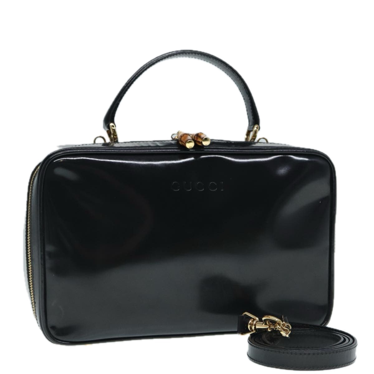 GUCCI Bamboo vanity Hand Bag Patent leather 2way Black Gold Auth yk14795