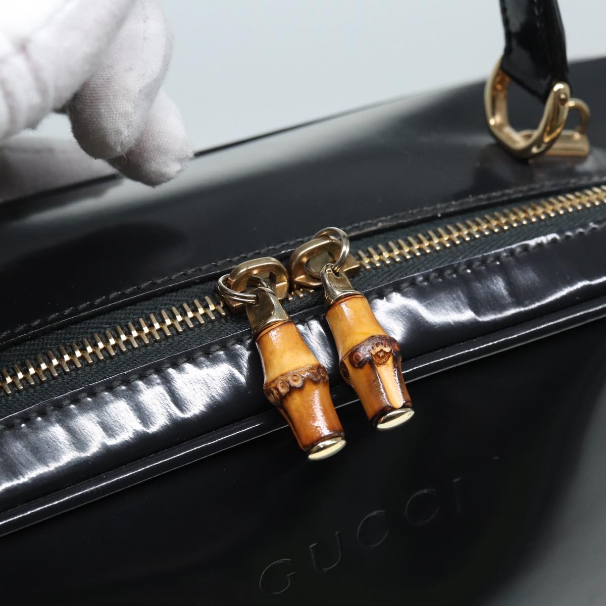 GUCCI Bamboo vanity Hand Bag Patent leather 2way Black Gold Auth yk14795