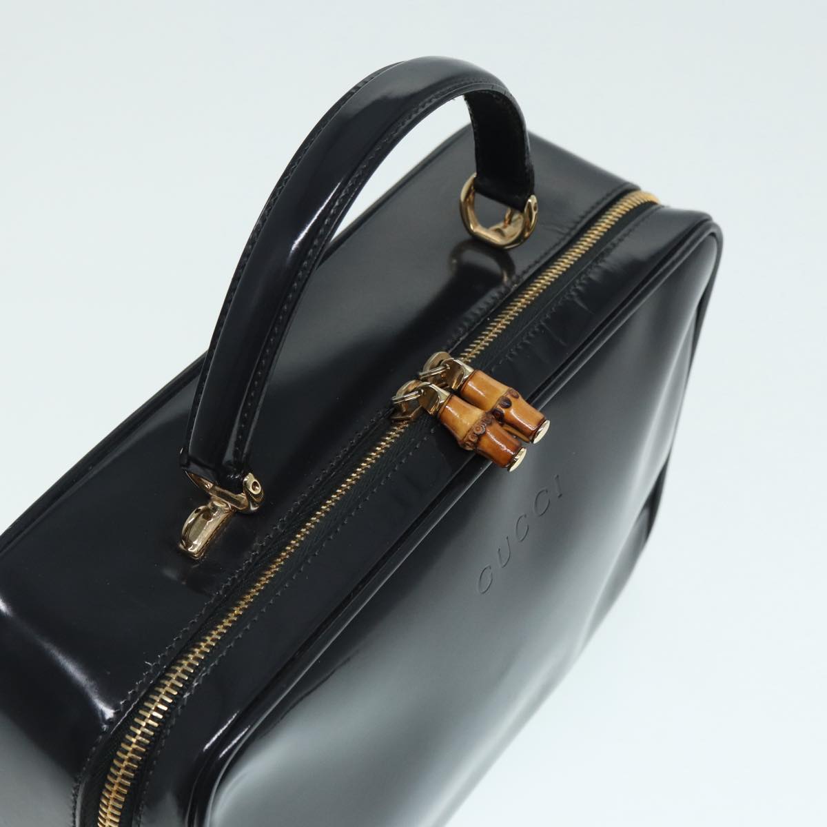 GUCCI Bamboo vanity Hand Bag Patent leather 2way Black Gold Auth yk14795